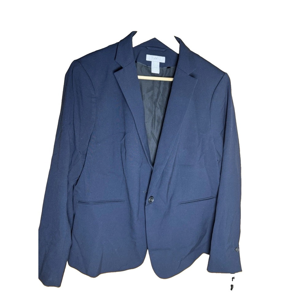 H&M Women's Navy Single Button Lined Short Blazer Jacket Solid Size Large EUC